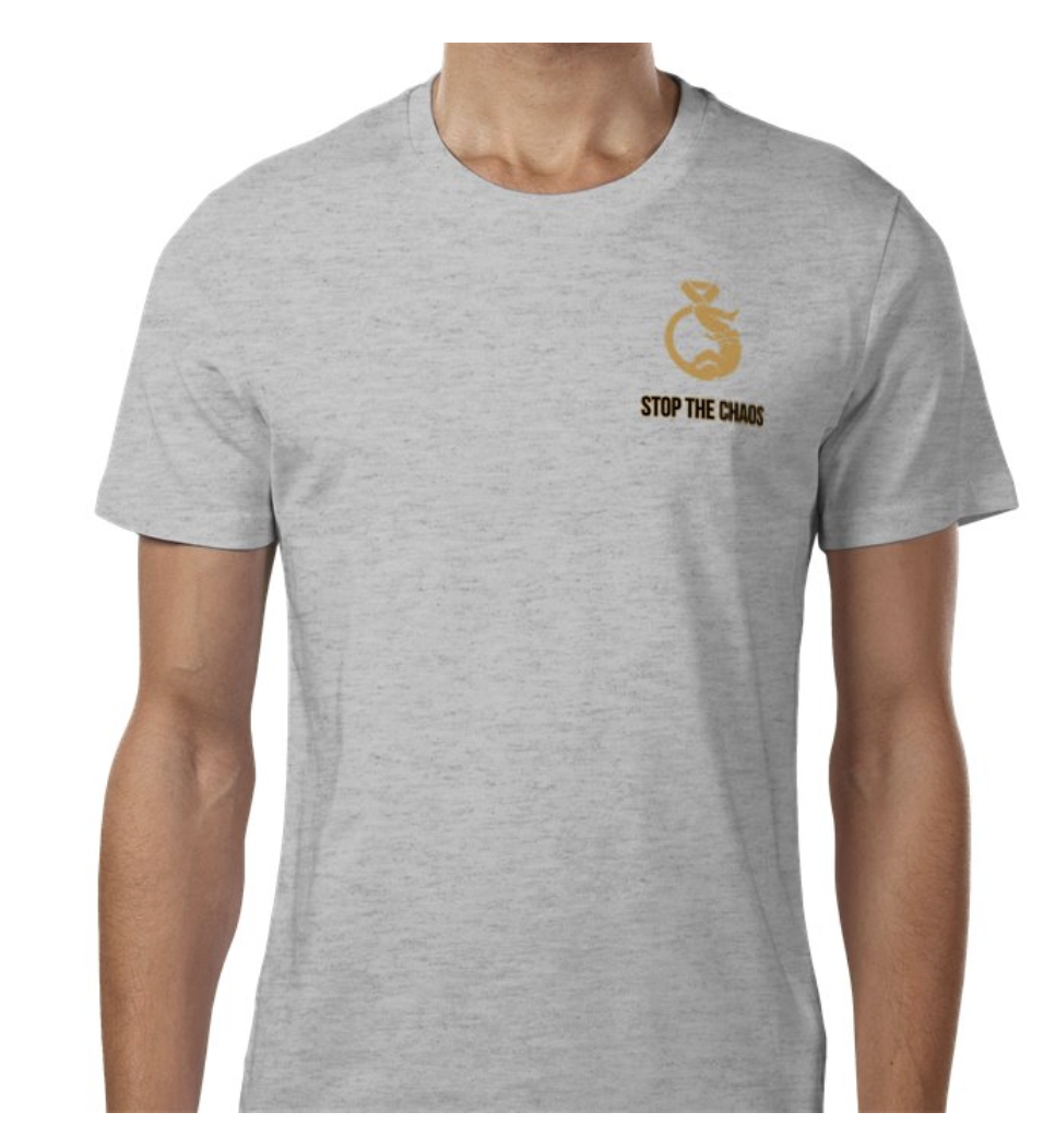 Close-up front view of the grey Compteam supporter T-shirt with the Stop The Chaos chest print