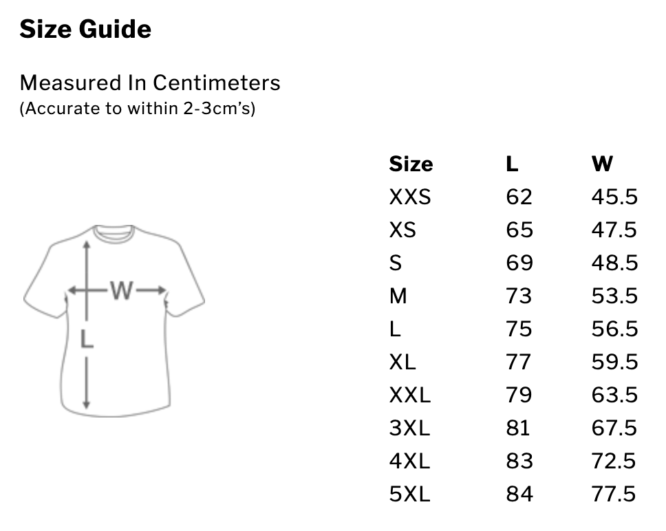 T-shirt size guide diagram showing where length L and width W are measured