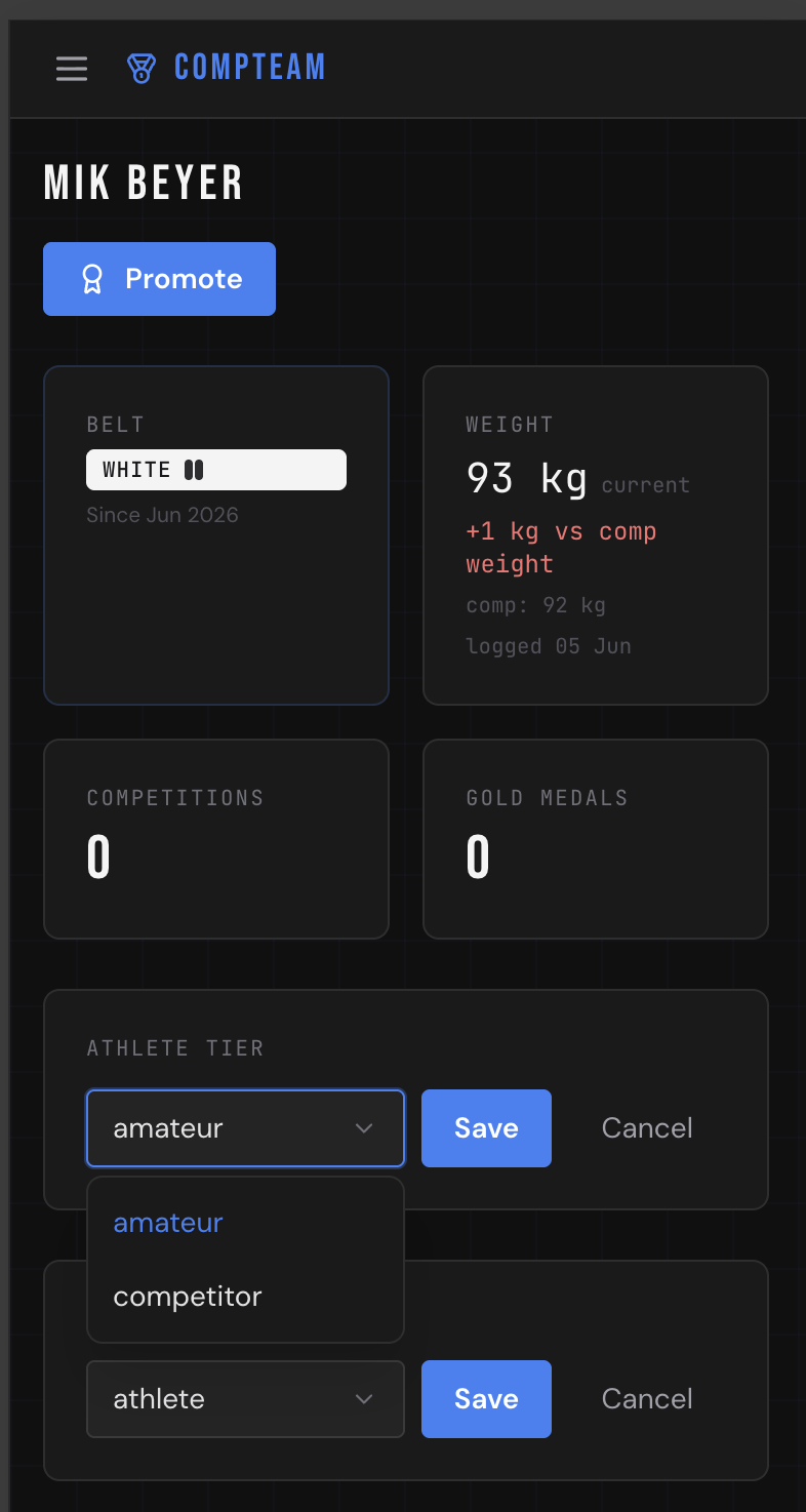 Athlete tier dropdown — amateur / competitor
