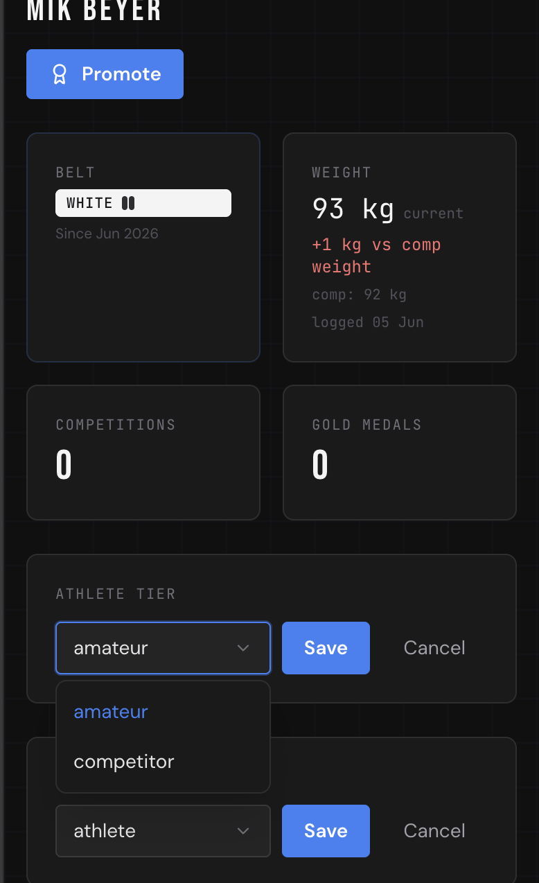 Athlete tier dropdown — amateur / competitor