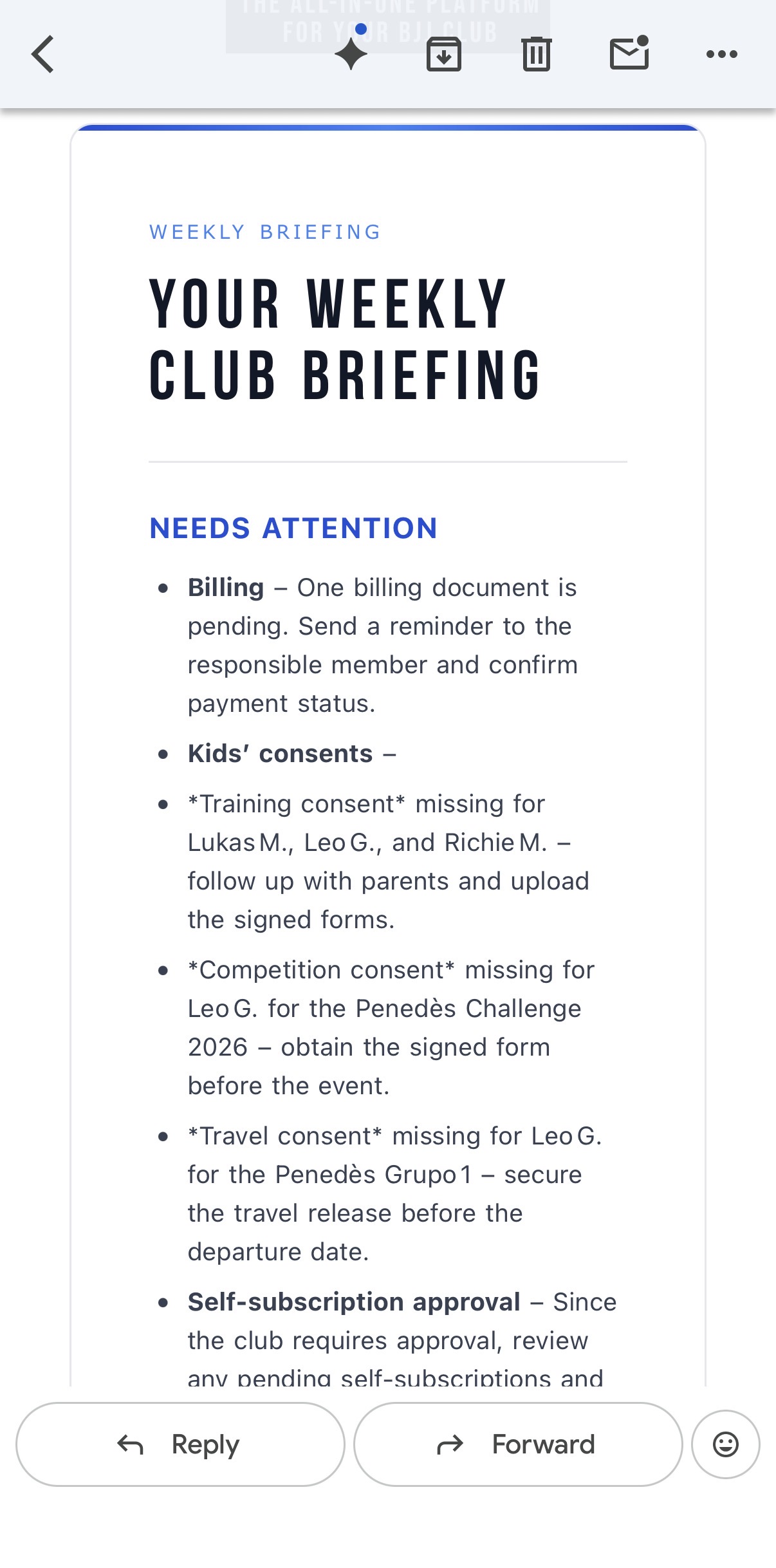 Mobile inbox screenshot of a weekly club briefing email with billing and kids' consent action items