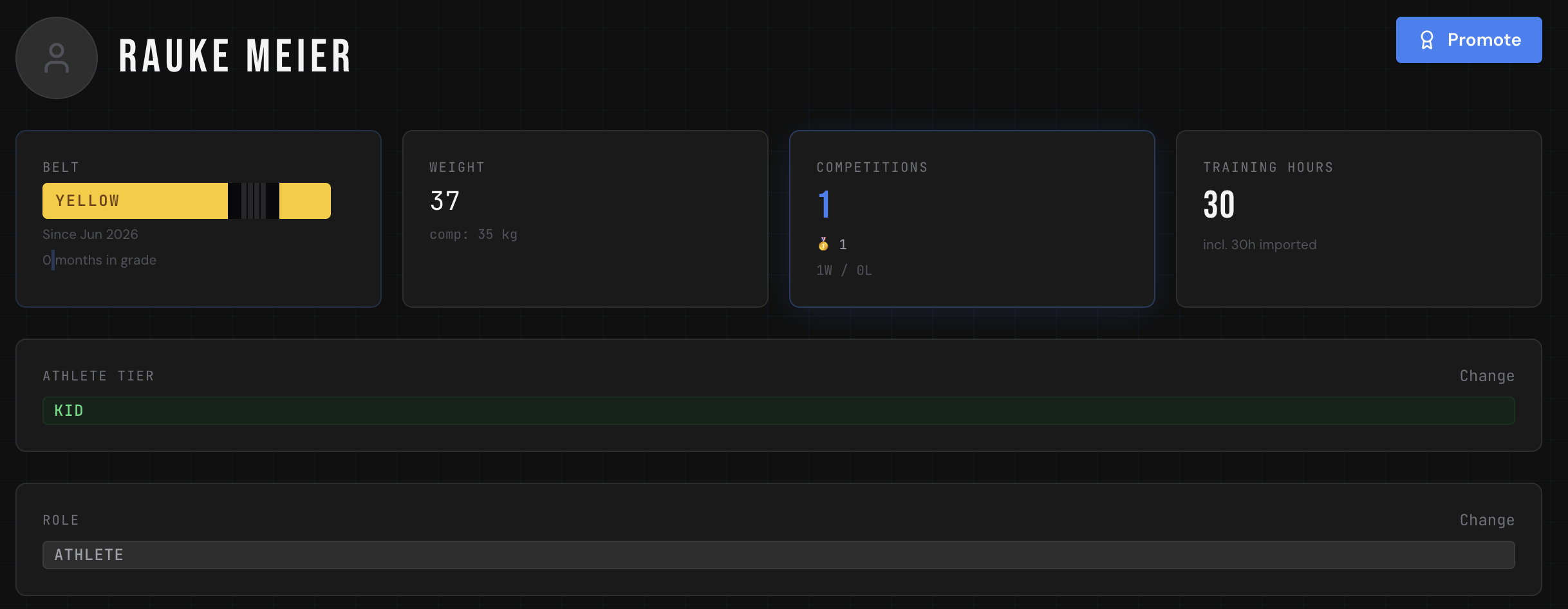 Athlete profile in Compteam showing initial belt — Yellow belt with stripe count, training hours, and competition stats visible at a glance