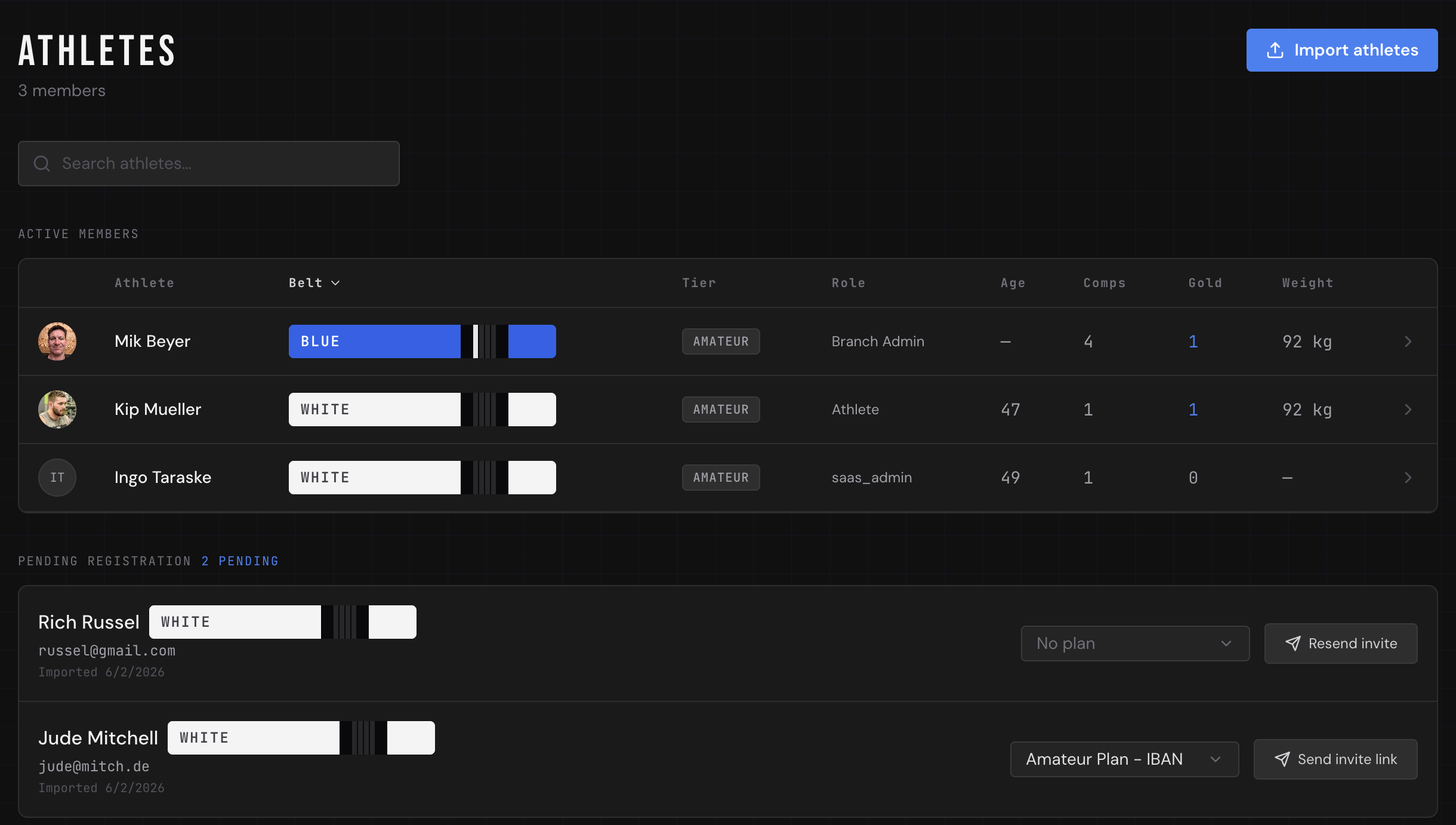 Athletes roster in Compteam — belt, tier, competition count and gold medals per athlete in one view
