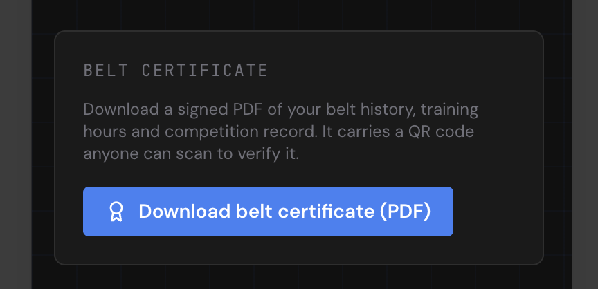 Download belt certificate button in the Compteam profile — one click generates the signed PDF