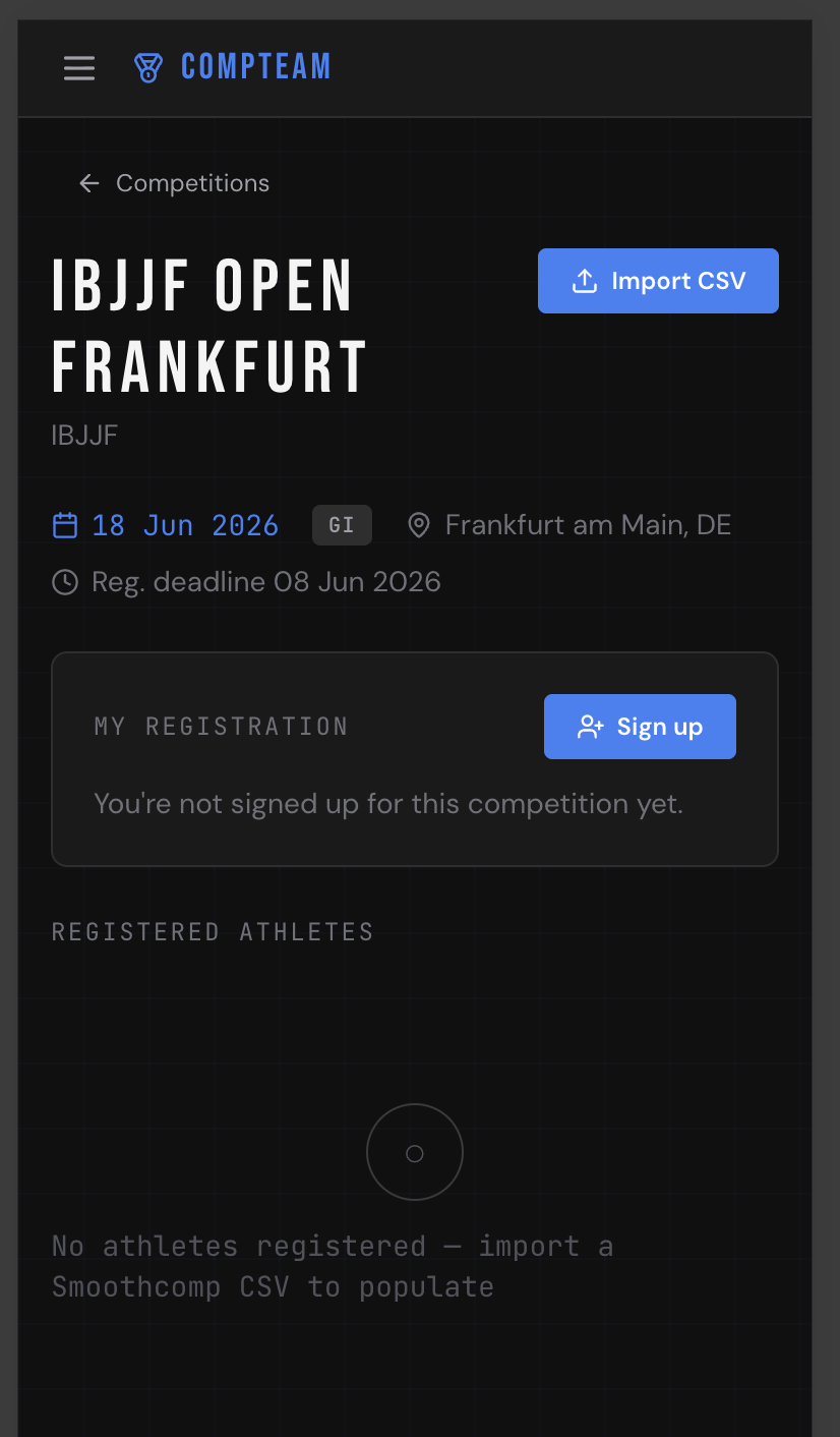 Competition detail page — date, ruleset, location, registration and athlete list