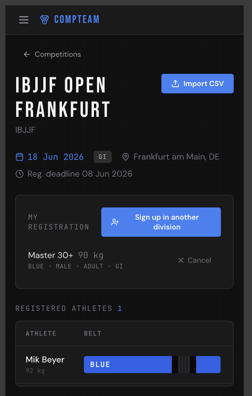 Registered athlete entry showing division, belt and weight — visible to the coach instantly
