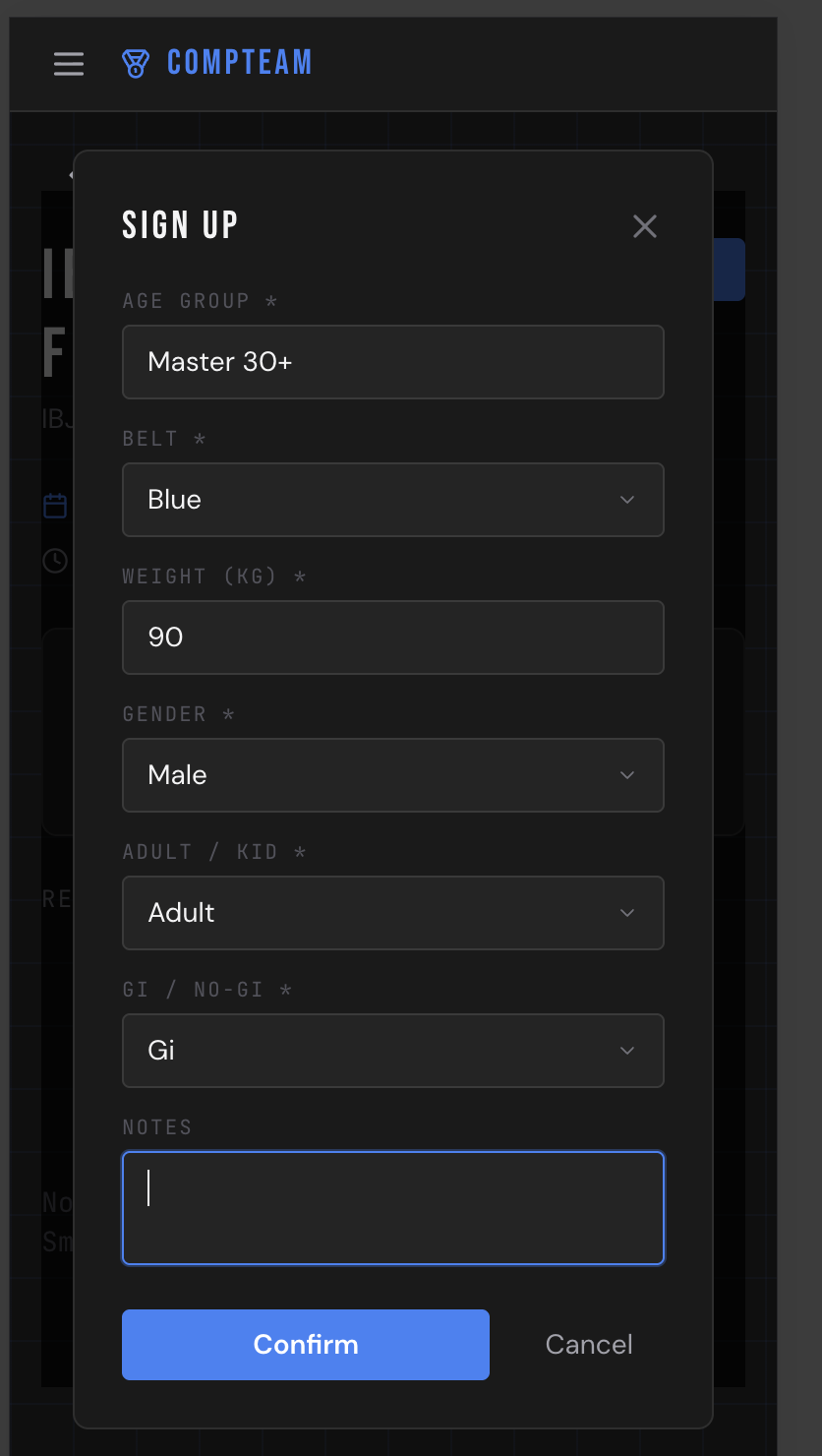 Athlete sign-up modal — division, belt, weight, gender, age group and gi/no-gi in one step