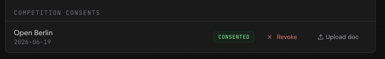 Competition consents section on My Kids — CONSENTED badge with Revoke and Upload doc options