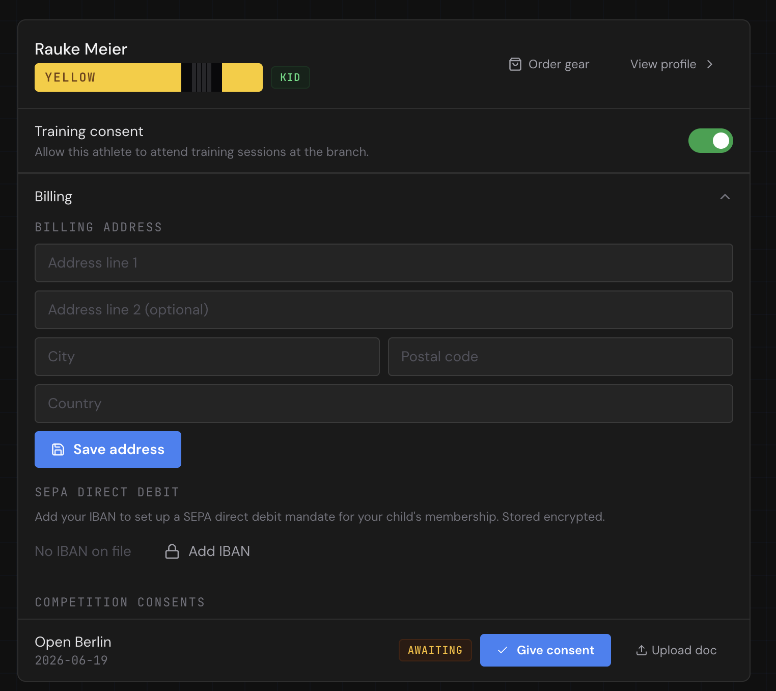 My Kids — billing section expanded showing IBAN field, billing address and SEPA direct debit setup