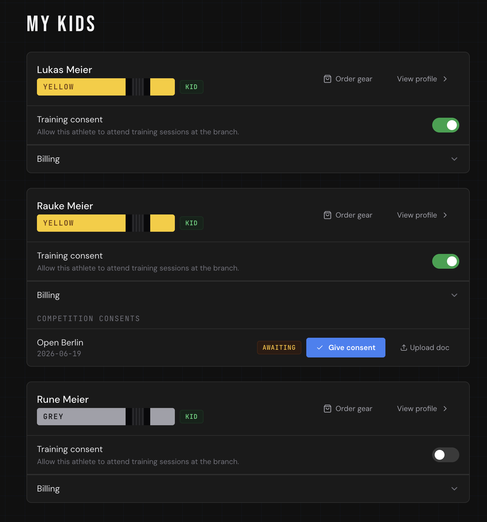 My Kids page — three kid profiles with training consent toggles, competition consent status and billing sections