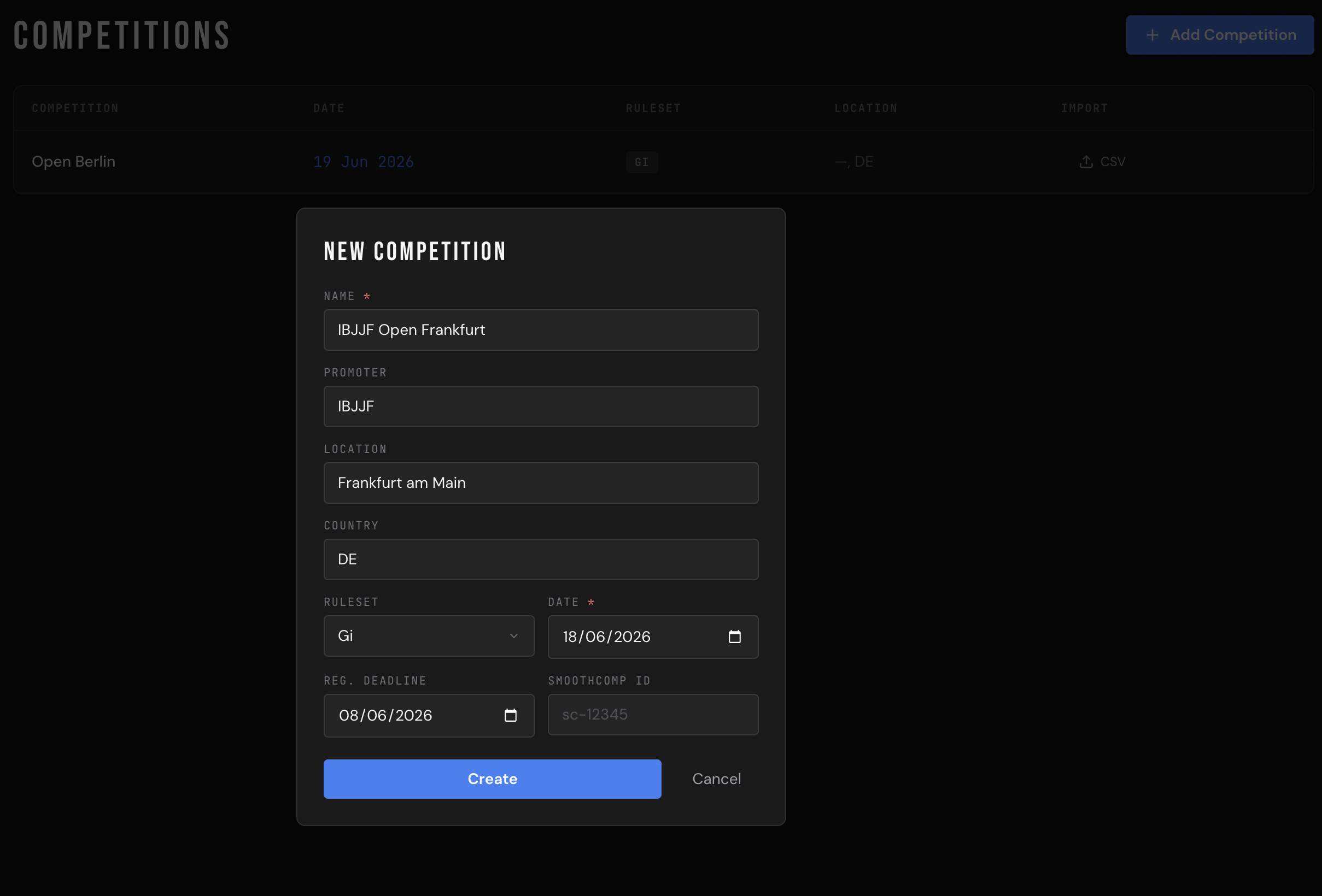 Adding a new competition in Compteam — name, promoter, location, ruleset and date in one form