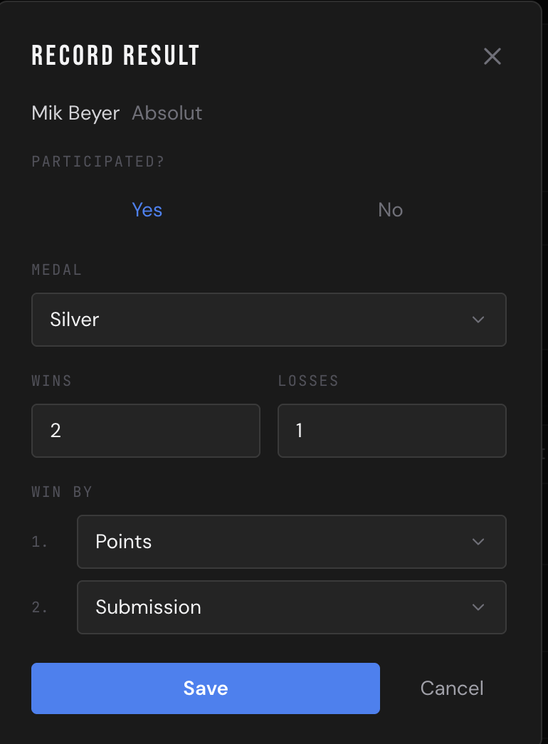 Recording a result in Compteam — silver medal, 2 wins 1 loss, win methods per match